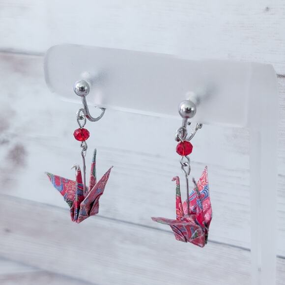 Vintage Clip On Earrings Origami Crane Dangle Earrings - Picture 1 of 15